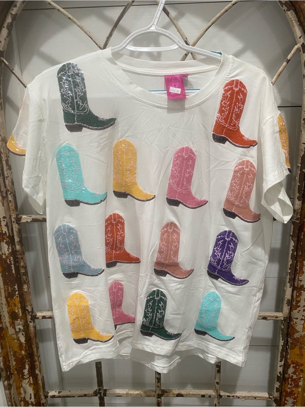 Queen Of Sparkles White Tee with Colorful Cowboy Boot Motif Sizes Small & XS
